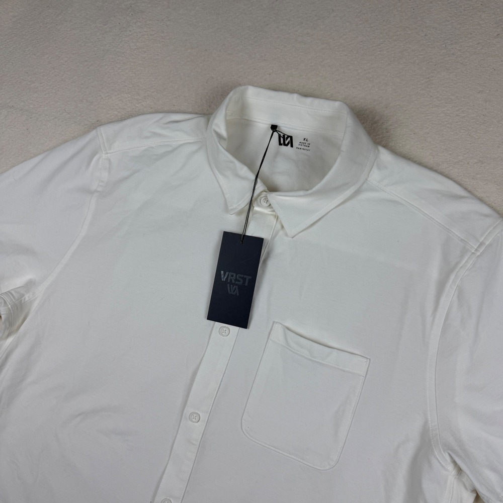 VRST Mens Refined Knit Button Down Shirt XL Pure White Short Sleeve Performance